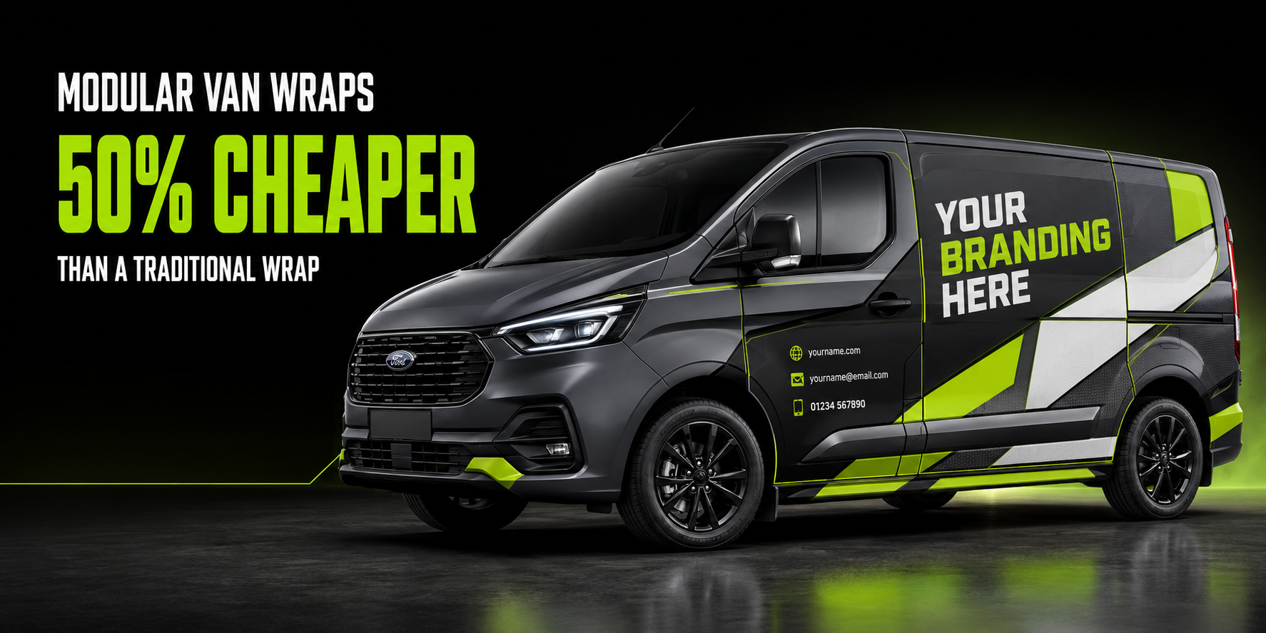 Modular van wrap campaign showing a branded black commercial van