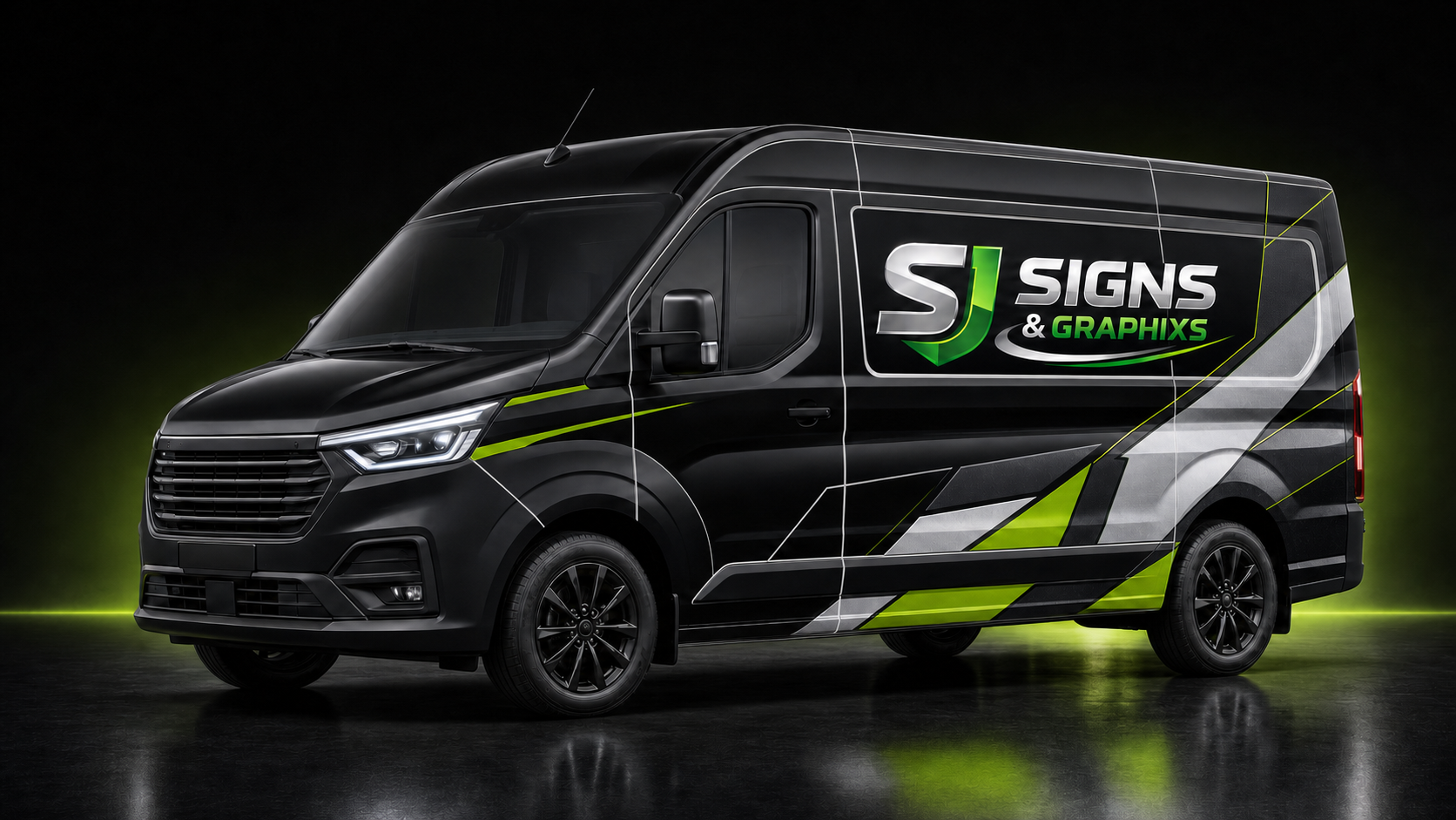 Three-dimensional SJ Signs and Graphixs full-coverage modular-wrap design showing exposed white paintwork around the van recesses